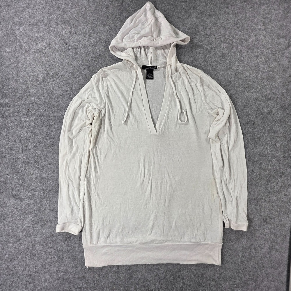 Willi Smith Womens Sz‎ Small White Hooded V Neck Long Sleeve Top Y2K Lightweight